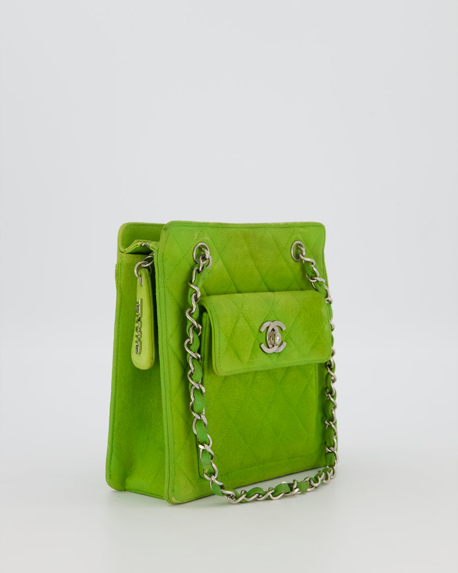 Chanel Vintage Apple Green Small Bag in Quilted Suede Leather with Silver Hardware