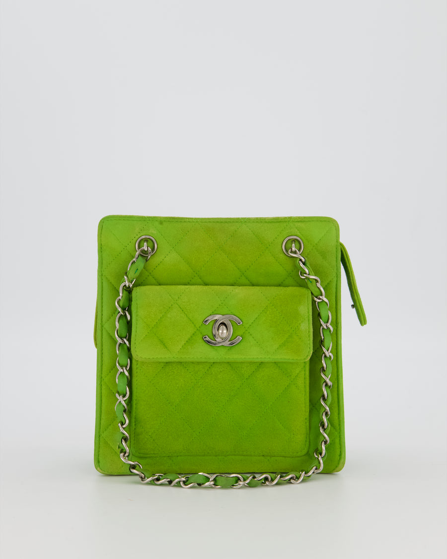 Chanel Vintage Apple Green Small Bag in Quilted Suede Leather with Silver Hardware