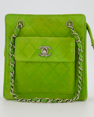 Chanel Vintage Apple Green Small Bag in Quilted Suede Leather with Silver Hardware