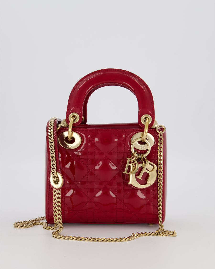 Christian Dior Red Mini Lady Dior Bag in Patent Leather with Gold Hardware