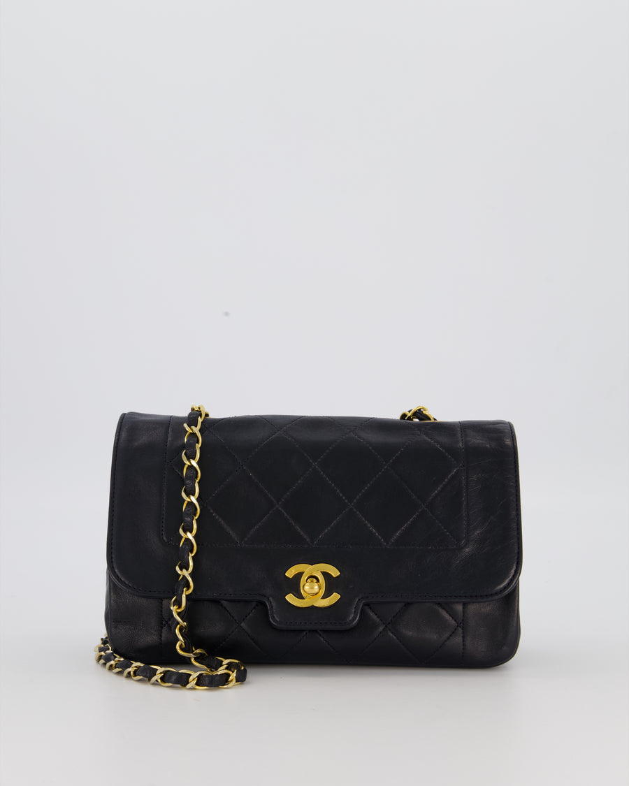 Chanel Black Vintage Small Diana Flap Bag in Lambskin Leather with 24K Gold Hardware