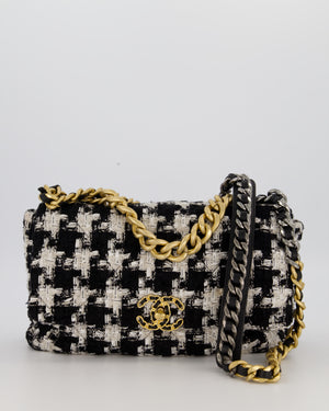Chanel Small 19 Flap Bag in Black and White Houndstooth Quilted Tweed with Mixed Hardware