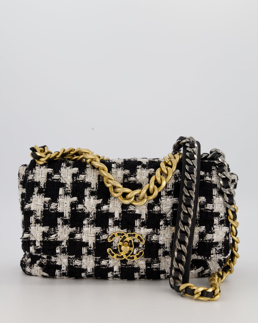 Chanel Small 19 Flap Bag in Black and White Houndstooth Quilted Tweed with Mixed Hardware