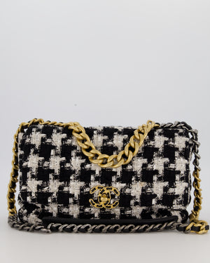 Chanel Small 19 Flap Bag in Black and White Houndstooth Quilted Tweed with Mixed Hardware