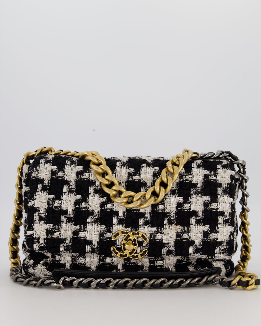 Chanel Small 19 Flap Bag in Black and White Houndstooth Quilted Tweed with Mixed Hardware