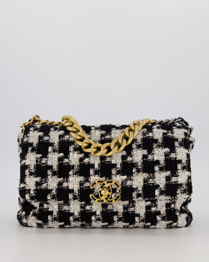 Chanel Small 19 Flap Bag in Black and White Houndstooth Quilted Tweed with Mixed Hardware