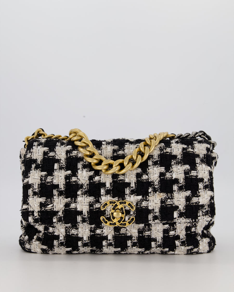 Chanel Small 19 Flap Bag in Black and White Houndstooth Quilted Tweed with Mixed Hardware