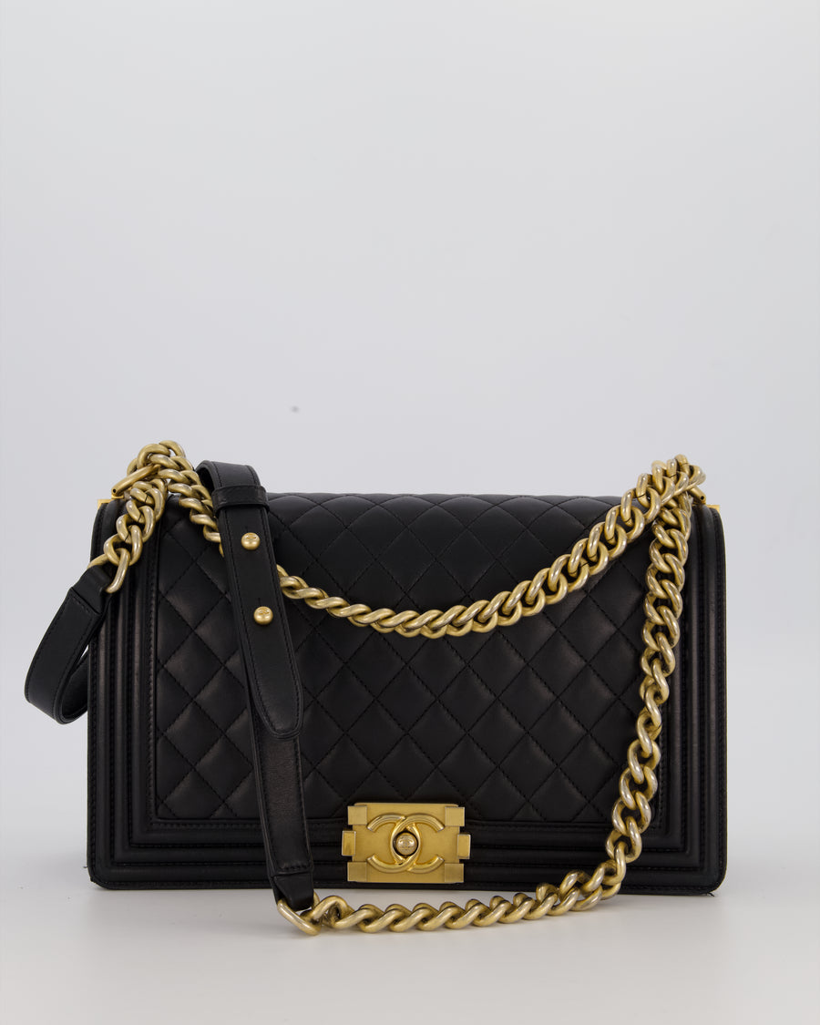 Chanel Black Medium Boy Bag in Quilted Lambskin Leather with Brushed Gold Hardware
