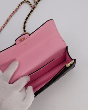Chanel Flap Phone Holder in Black Quilted Lambskin and Baby Pink Interior with Champagne Gold Hardware