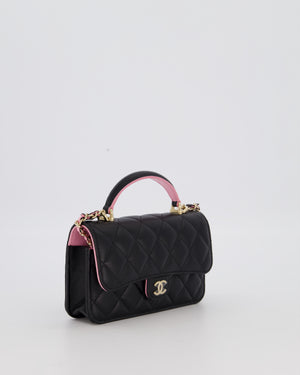 Chanel Flap Phone Holder in Black Quilted Lambskin and Baby Pink Interior with Champagne Gold Hardware