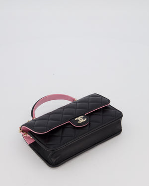 Chanel Flap Phone Holder in Black Quilted Lambskin and Baby Pink Interior with Champagne Gold Hardware