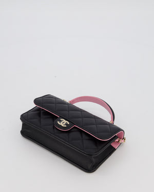 Chanel Flap Phone Holder in Black Quilted Lambskin and Baby Pink Interior with Champagne Gold Hardware