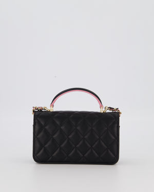 Chanel Flap Phone Holder in Black Quilted Lambskin and Baby Pink Interior with Champagne Gold Hardware