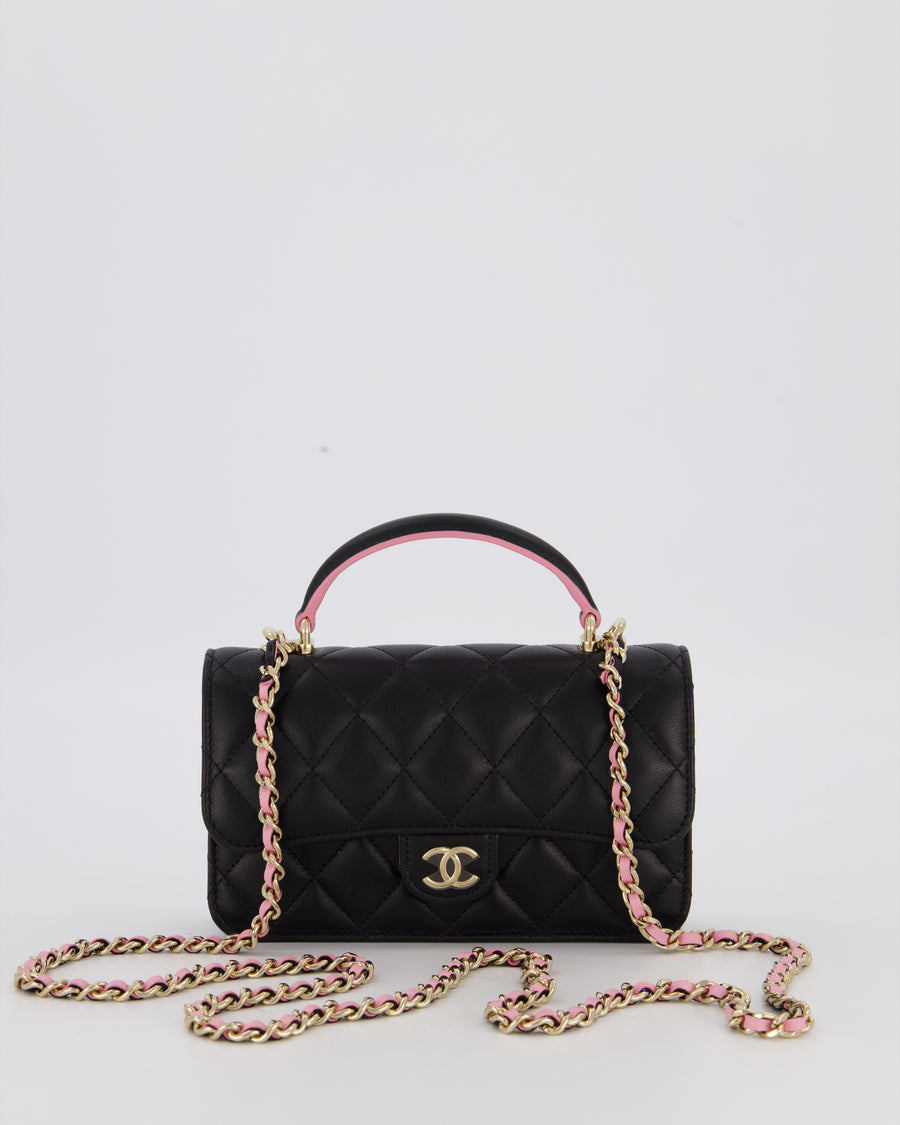 Chanel Flap Phone Holder in Black Quilted Lambskin and Baby Pink Interior with Champagne Gold Hardware