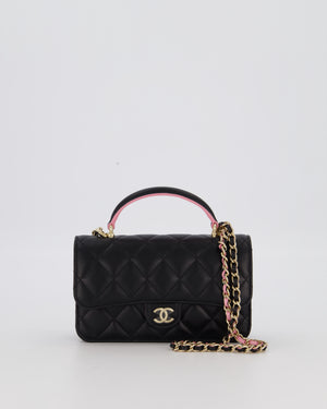 Chanel Flap Phone Holder in Black Quilted Lambskin and Baby Pink Interior with Champagne Gold Hardware