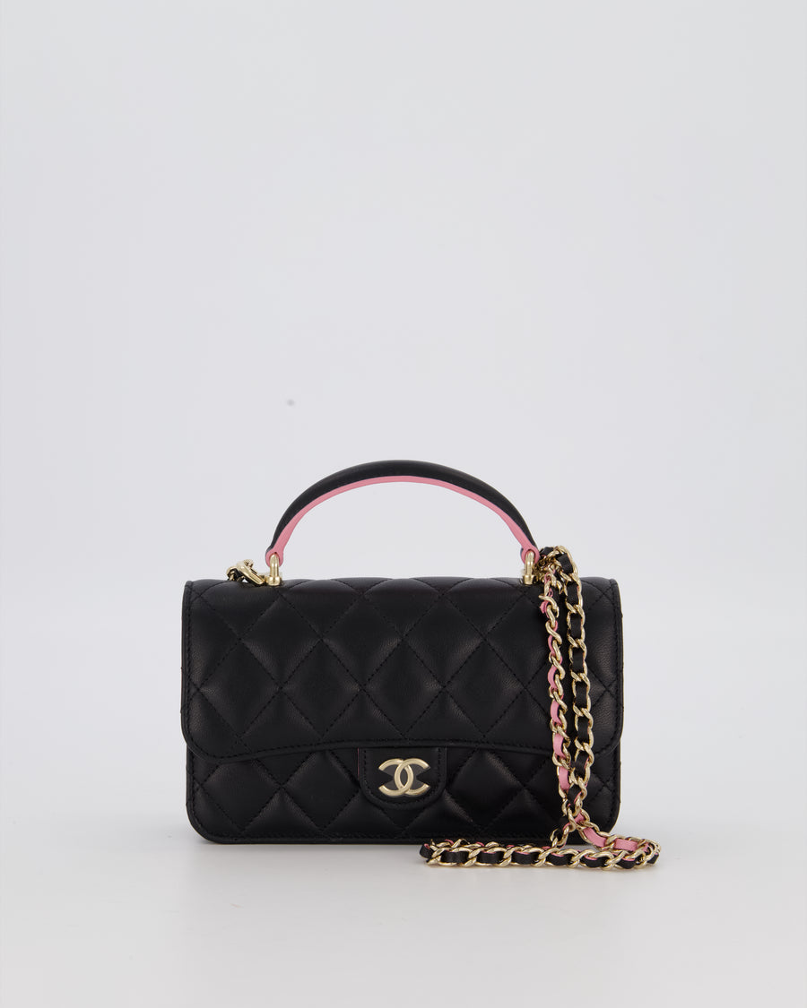 Chanel Flap Phone Holder in Black Quilted Lambskin and Baby Pink Interior with Champagne Gold Hardware