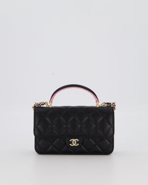 Chanel Flap Phone Holder in Black Quilted Lambskin and Baby Pink Interior with Champagne Gold Hardware