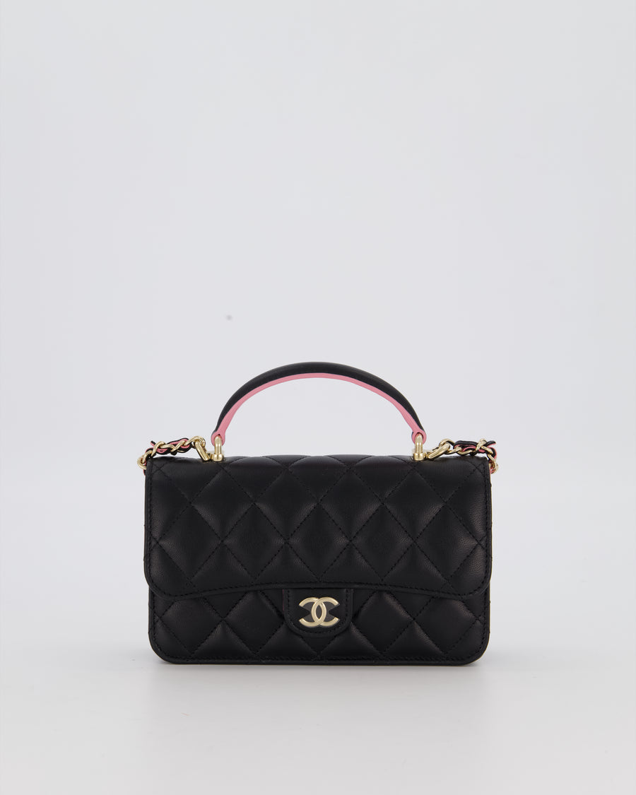 Chanel Flap Phone Holder in Black Quilted Lambskin and Baby Pink Interior with Champagne Gold Hardware