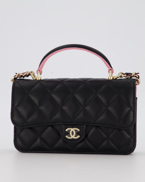 Chanel Flap Phone Holder in Black Quilted Lambskin and Baby Pink Interior with Champagne Gold Hardware