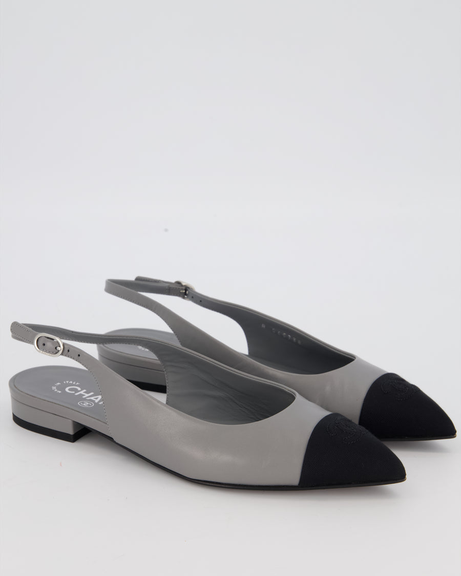 Chanel Black and Grey Pointed Toe Slingbacks with CC Logo Detail Size EU 38