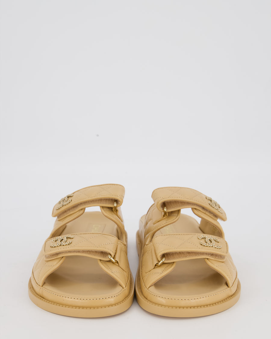 Chanel Beige Dad Sandals in Quilted Lambskin Leather with Champagne Gold Hardware Size EU 38