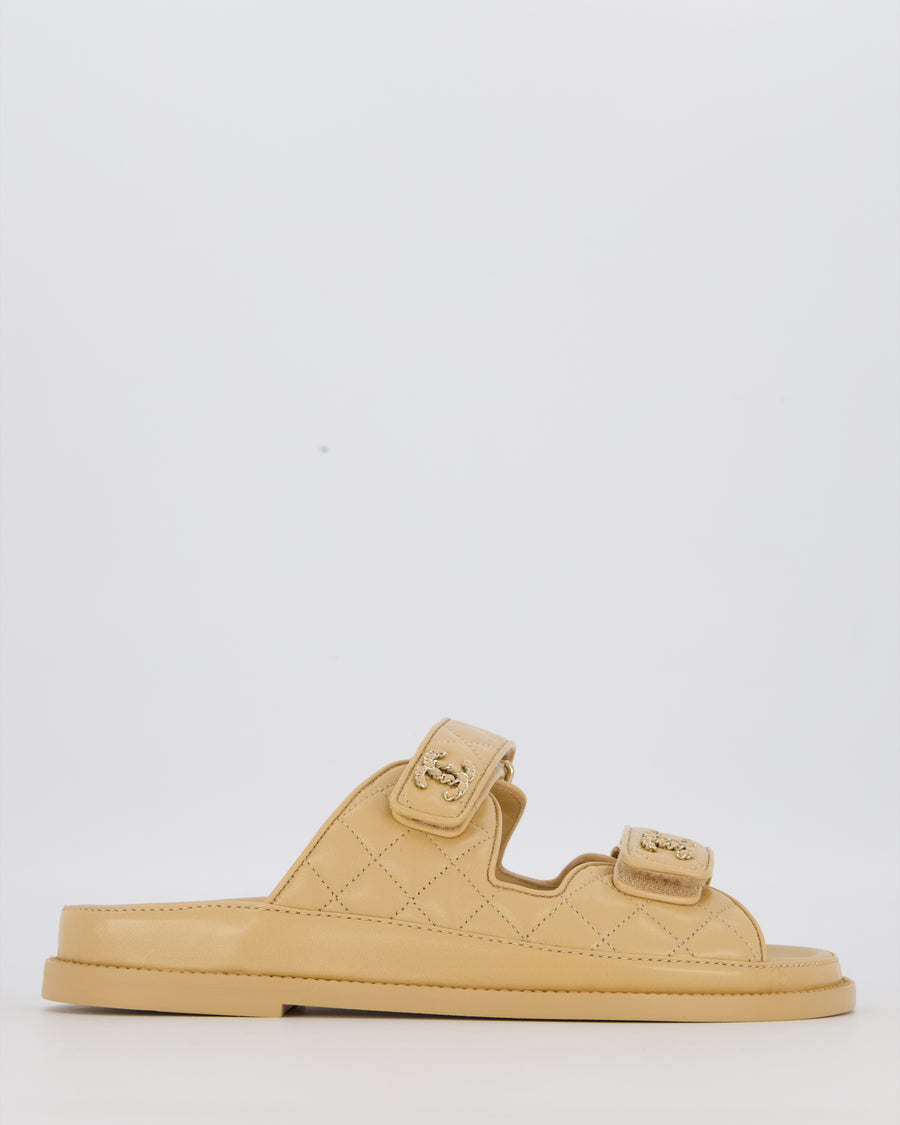 Chanel Beige Dad Sandals in Quilted Lambskin Leather with Champagne Gold Hardware Size EU 38