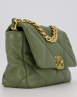 Chanel Small 19 Flap Bag in Olive Green Quilted Goatskin Leather with Mixed Hardware