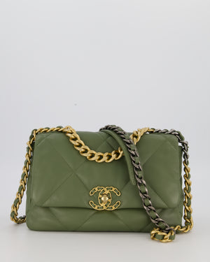 Chanel Small 19 Flap Bag in Olive Green Quilted Goatskin Leather with Mixed Hardware
