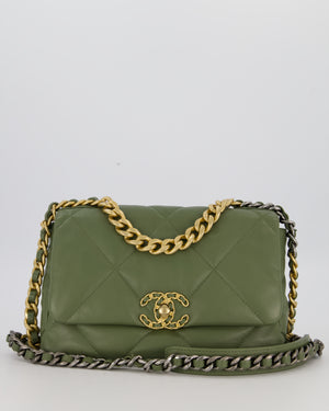 Chanel Small 19 Flap Bag in Olive Green Quilted Goatskin Leather with Mixed Hardware