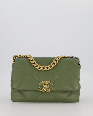 Chanel Small 19 Flap Bag in Olive Green Quilted Goatskin Leather with Mixed Hardware