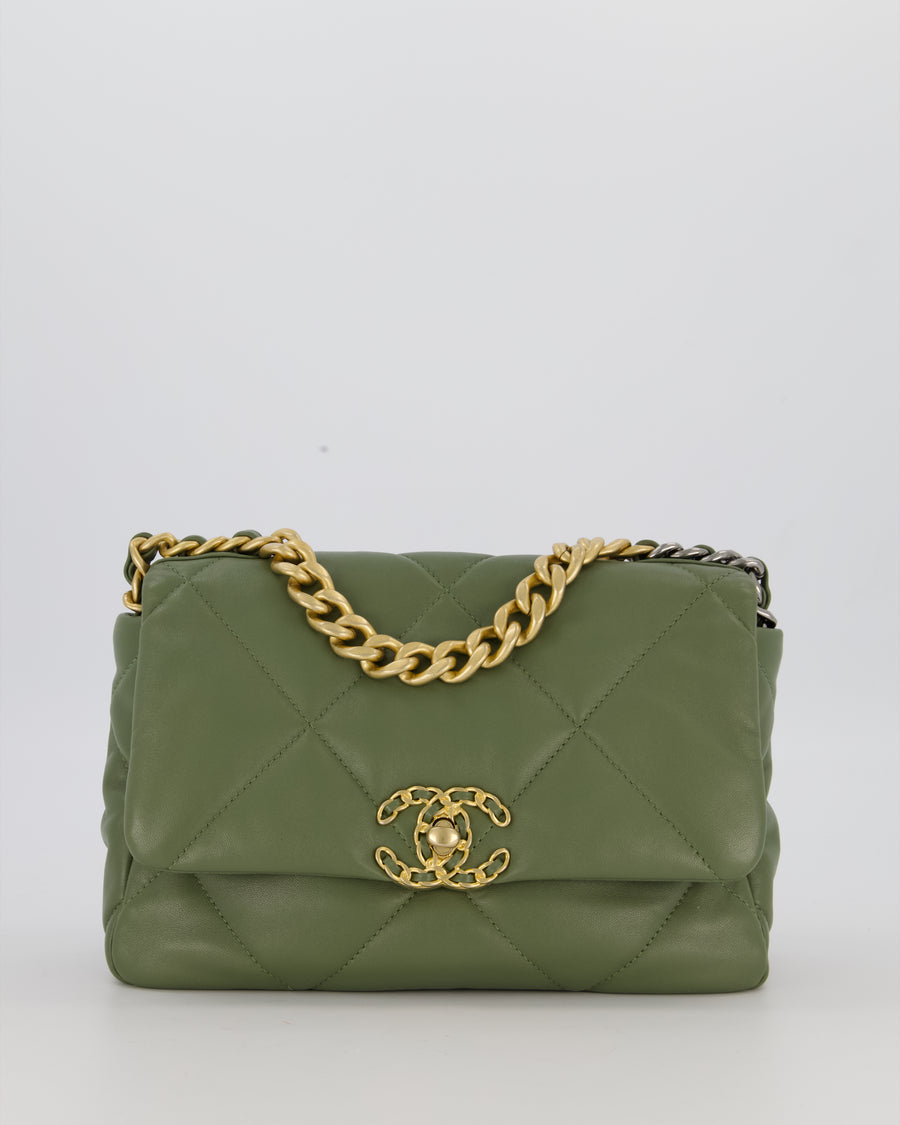 Chanel Small 19 Flap Bag in Olive Green Quilted Goatskin Leather with Mixed Hardware