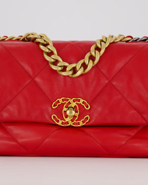 Chanel Small 19 Flap Bag in Coral Red Quilted Goatskin Leather with Mixed Hardware