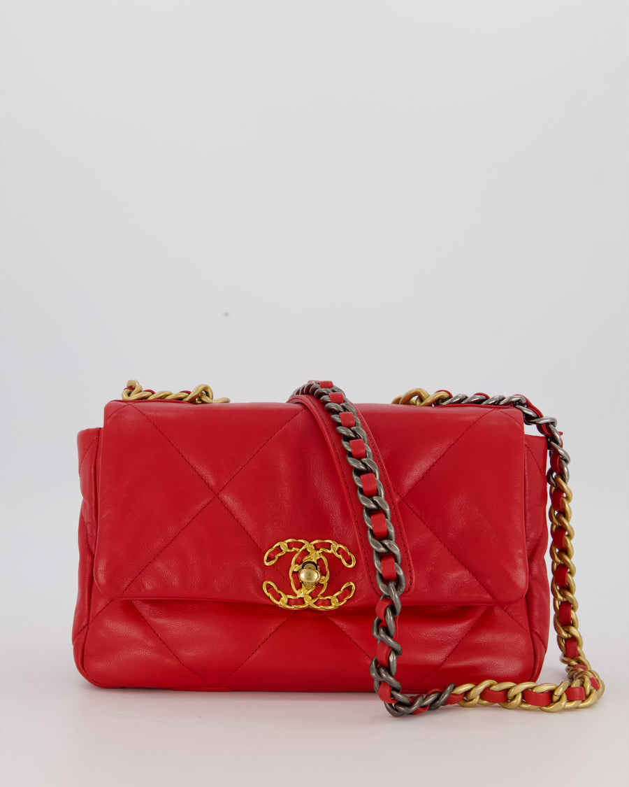 Chanel Small 19 Flap Bag in Coral Red Quilted Goatskin Leather with Mixed Hardware