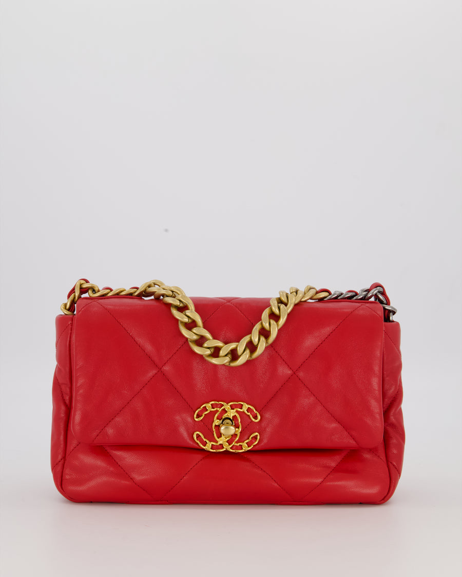 Chanel Small 19 Flap Bag in Coral Red Quilted Goatskin Leather with Mixed Hardware