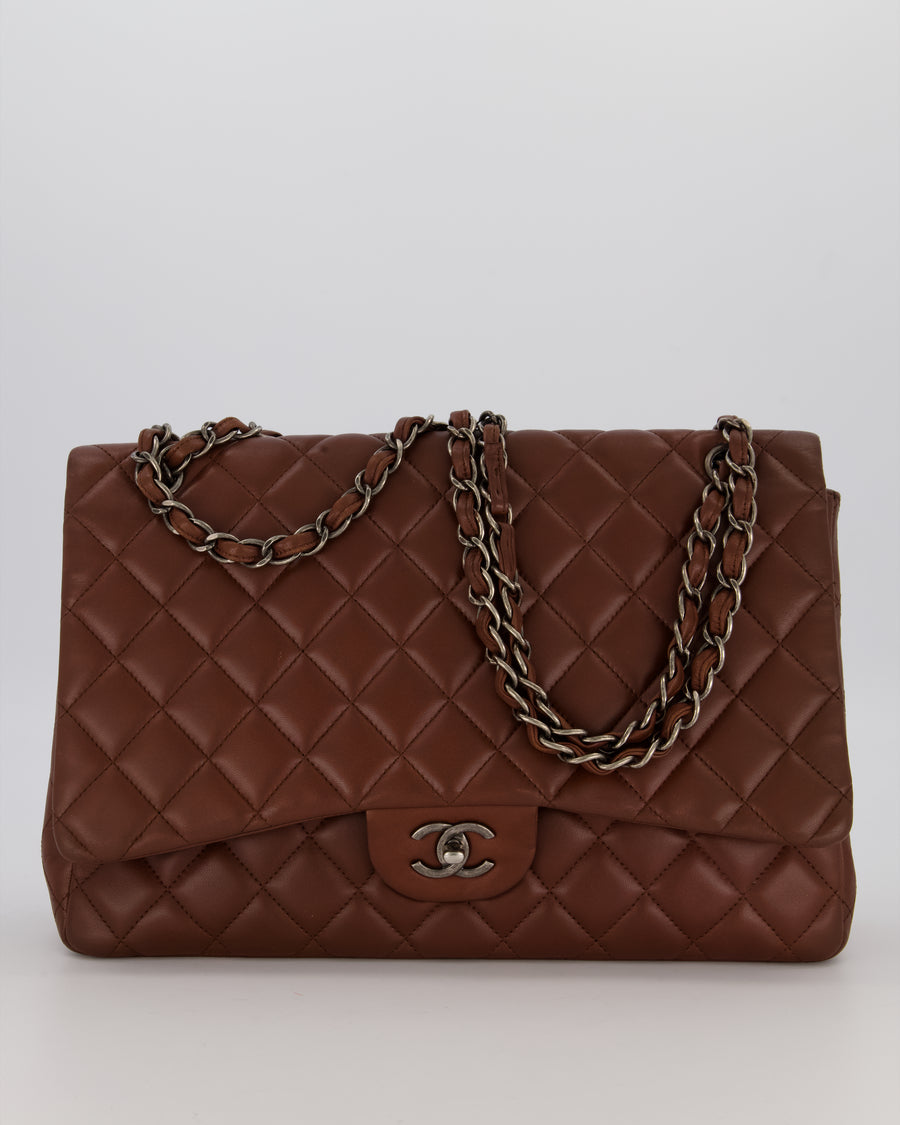Chanel Chocolate Brown Maxi Classic Single Flap in Lambskin Leather With Gunmetal Hardware