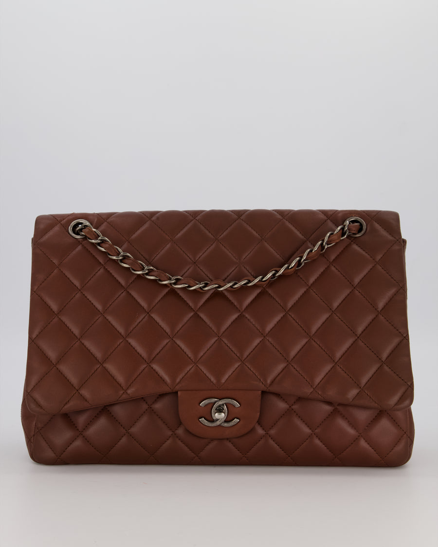 Chanel Chocolate Brown Maxi Classic Single Flap in Lambskin Leather With Gunmetal Hardware
