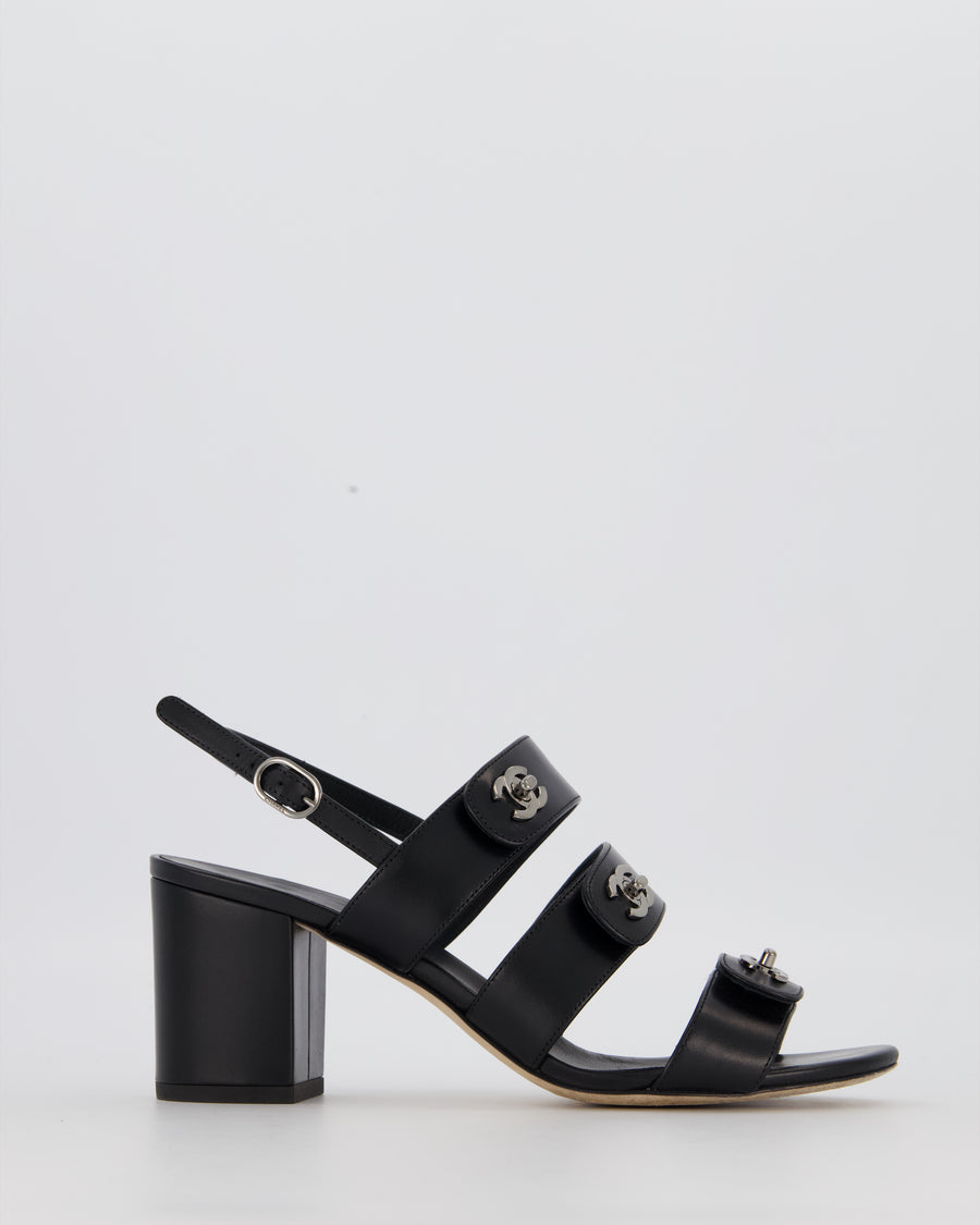 Chanel Black Sandals With Block Heel and CC Turnlock Details Size EU 38.5