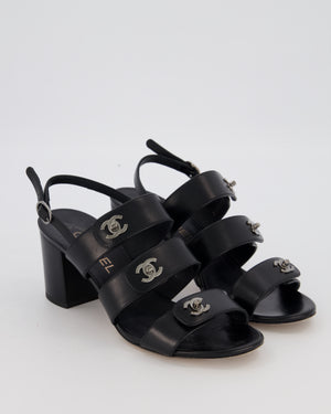 Chanel Black Sandals With Block Heel and CC Turnlock Details Size EU 38.5