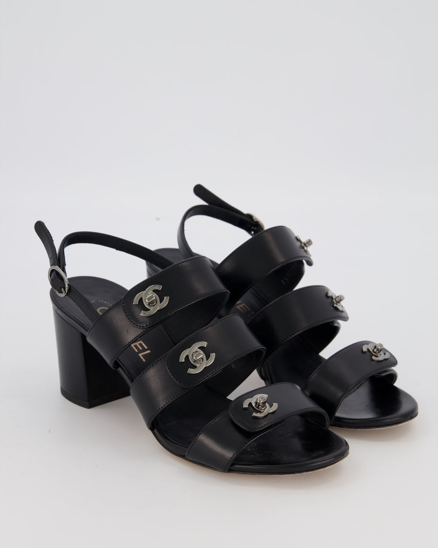 Chanel Black Sandals With Block Heel and CC Turnlock Details Size EU 38.5