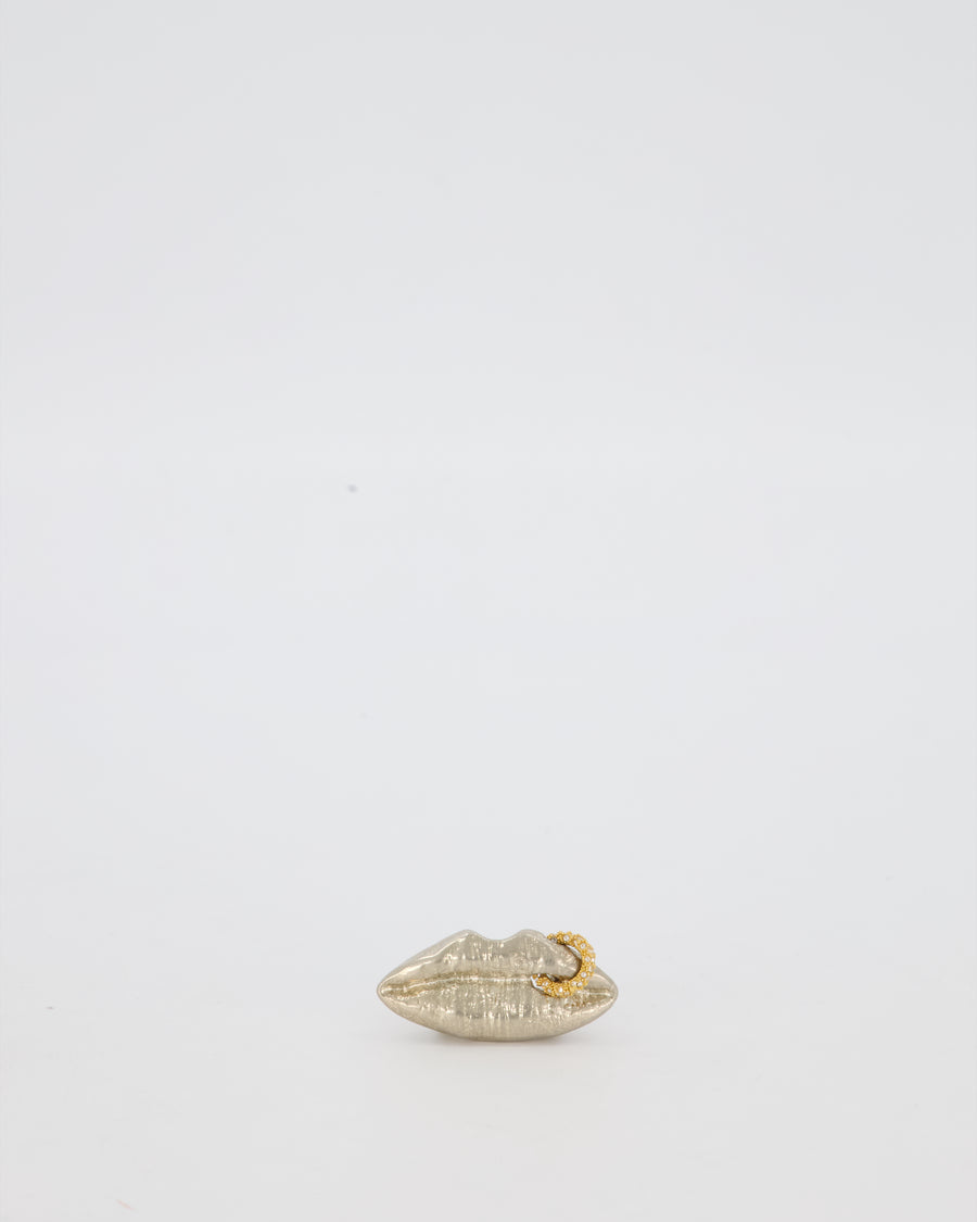 Schiaparelli Silver Lips Ring With Gold Embellished Piercing Detail Size 54