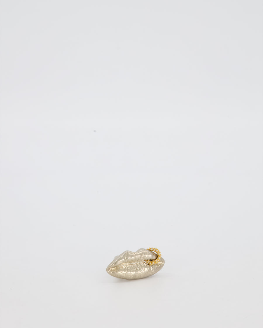 Schiaparelli Silver Lips Ring With Gold Embellished Piercing Detail Size 54