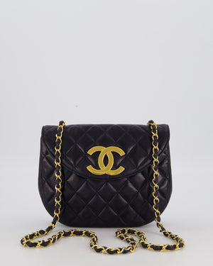 Chanel Navy Vintage Half Moon Flap Bag in Lambskin with 24K Gold Hardware and CC Logo Detail
