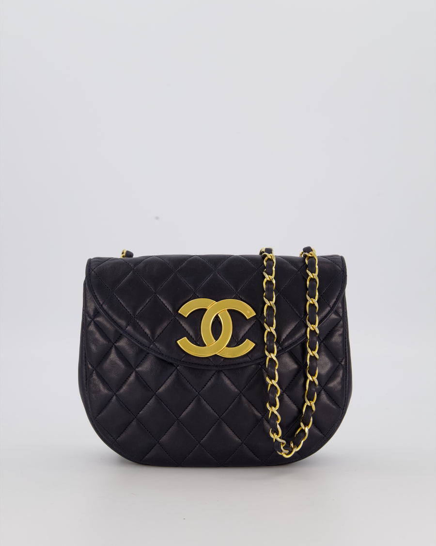 Chanel Navy Vintage Half Moon Flap Bag in Lambskin with 24K Gold Hardware and CC Logo Detail