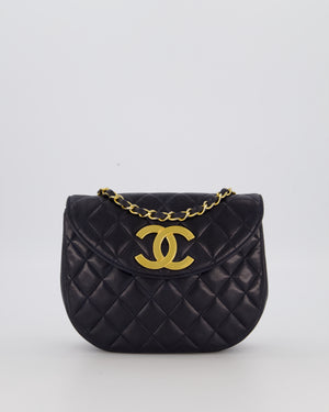 Chanel Navy Vintage Half Moon Flap Bag in Lambskin with 24K Gold Hardware and CC Logo Detail