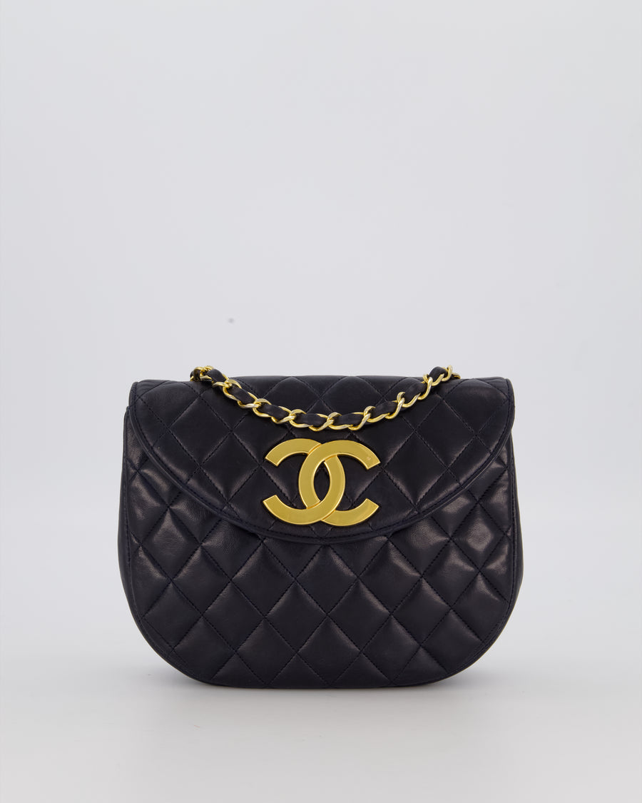 Chanel Navy Vintage Half Moon Flap Bag in Lambskin with 24K Gold Hardware and CC Logo Detail