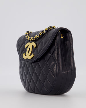 Chanel Navy Vintage Half Moon Flap Bag in Lambskin with 24K Gold Hardware and CC Logo Detail