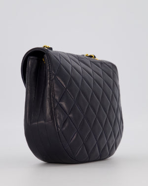 Chanel Navy Vintage Half Moon Flap Bag in Lambskin with 24K Gold Hardware and CC Logo Detail