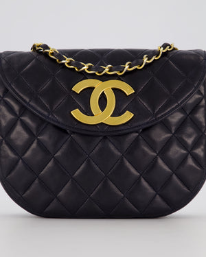 Chanel Navy Vintage Half Moon Flap Bag in Lambskin with 24K Gold Hardware and CC Logo Detail