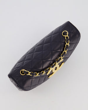 Chanel Navy Vintage Half Moon Flap Bag in Lambskin with 24K Gold Hardware and CC Logo Detail