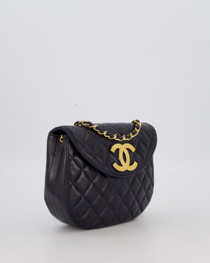 Chanel Navy Vintage Half Moon Flap Bag in Lambskin with 24K Gold Hardware and CC Logo Detail